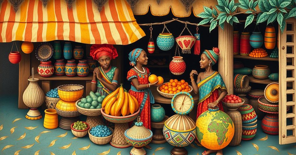 Colorful depiction of a vibrant market scene highlighting regional trade and celebration in East Africa.