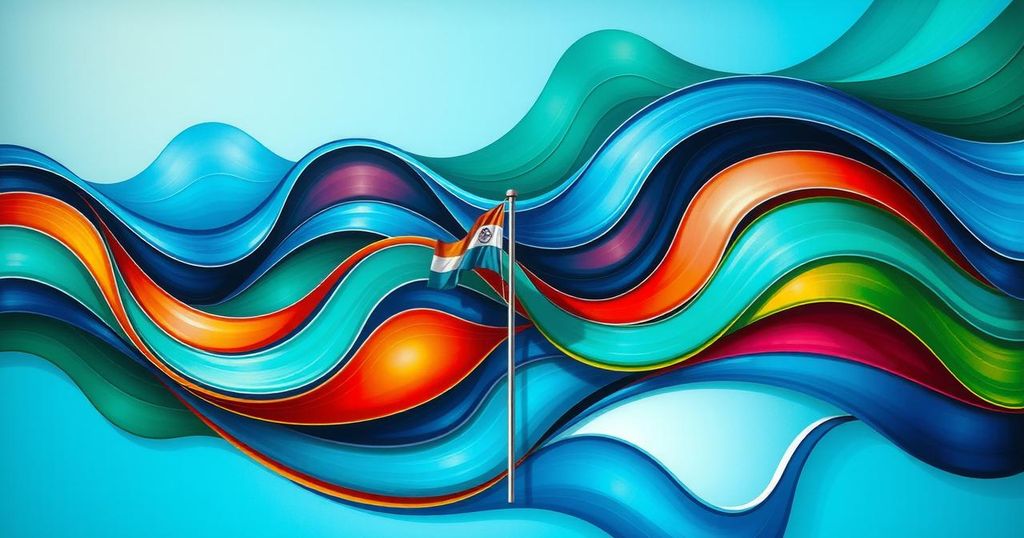 A dynamic abstract art piece symbolizing India's diplomatic efforts, featuring vivid colors of blue and green.
