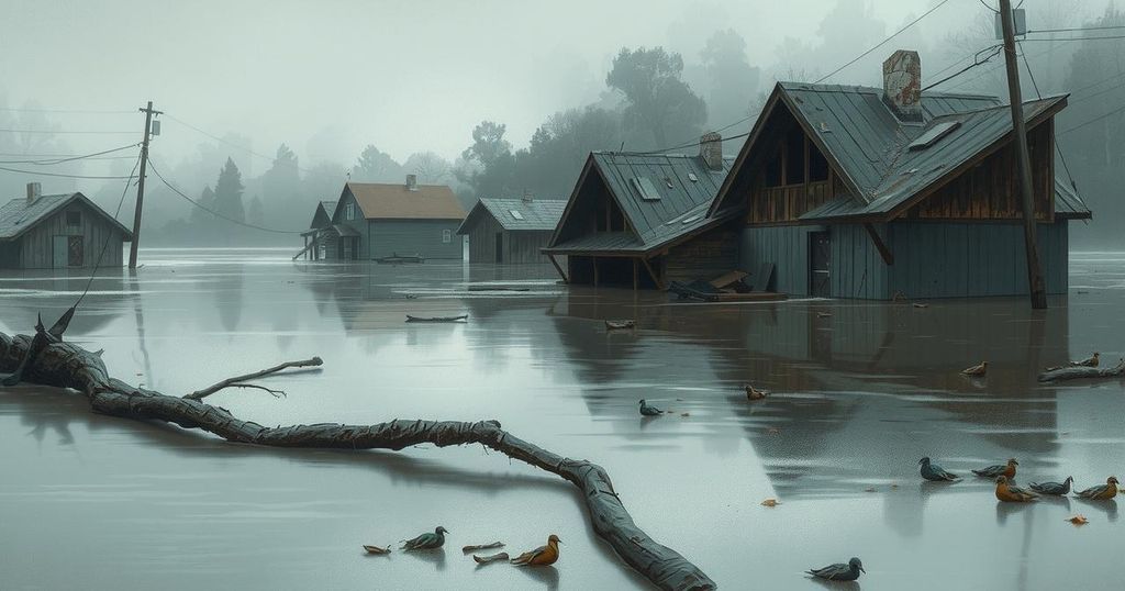 A desolate landscape after heavy rain, featuring submerged structures and debris among murky waters.