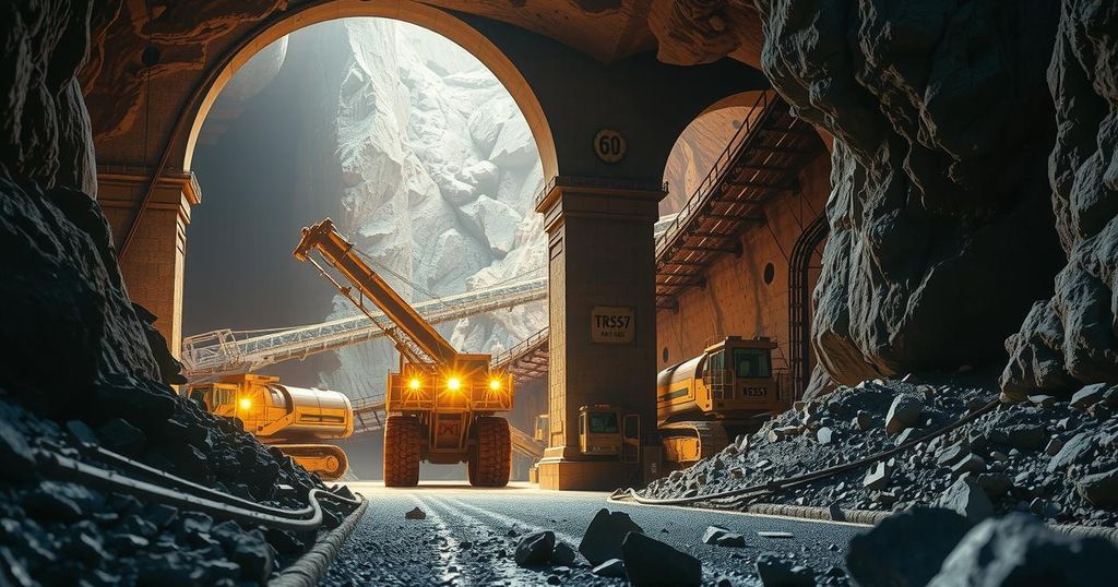 Underground mining site with machinery and rocky terrain, showcasing Botswana's diamond mining expansion efforts.