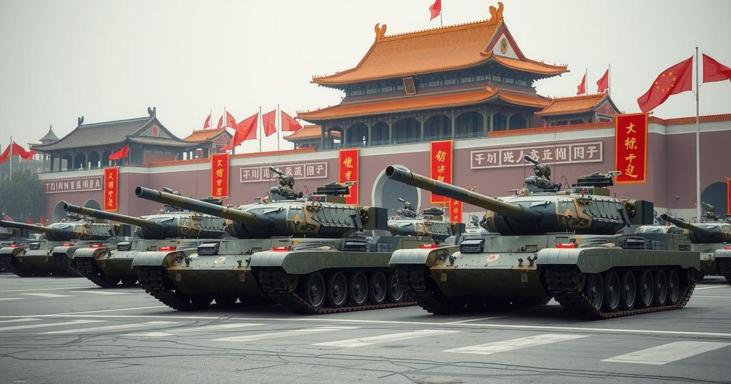 Chinese tanks parade in Beijing during a historical event emphasizing China's cautious diplomacy.