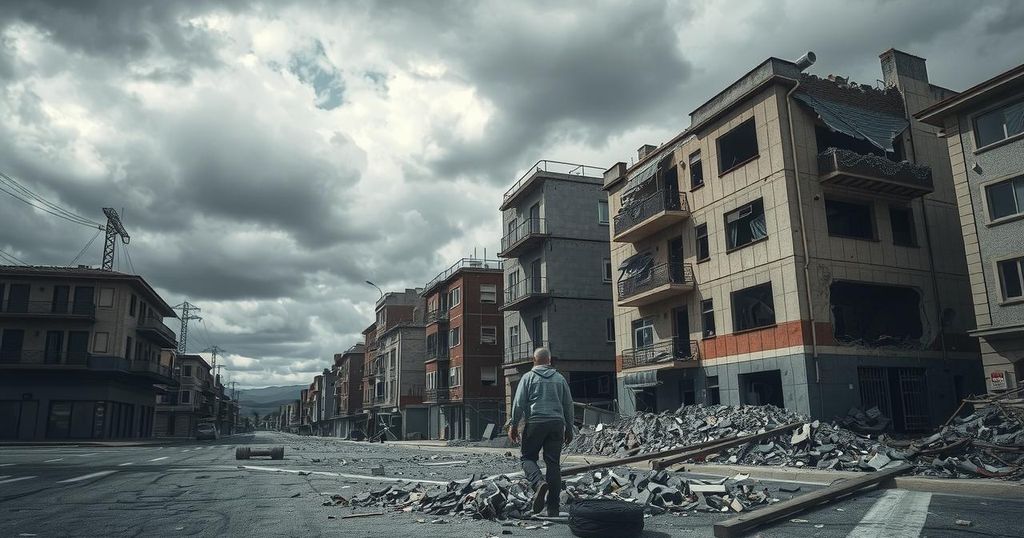 A devastated urban landscape showing collapsed buildings after an earthquake, with a dramatic sky.