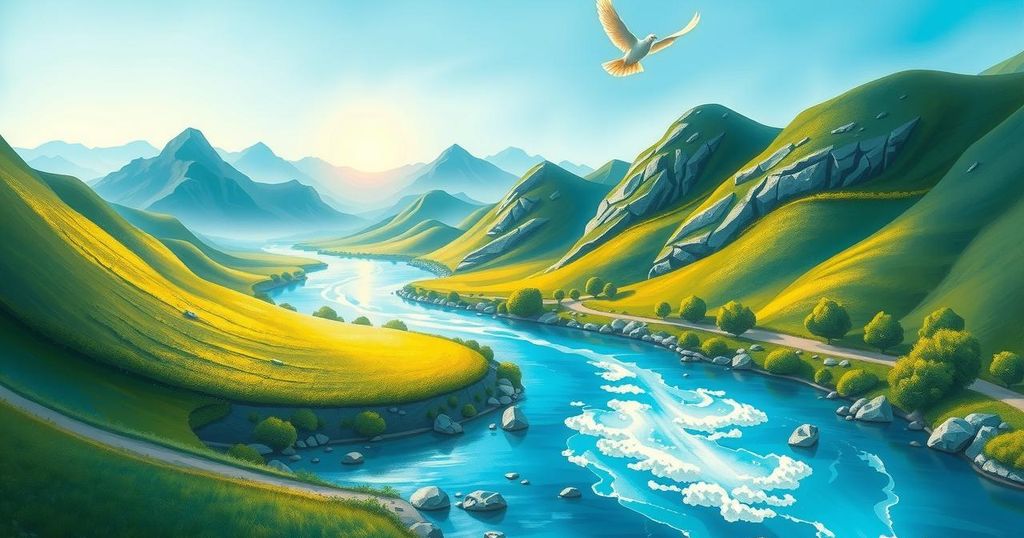 A serene landscape depicting India and Pakistan with symbols of peace, unity, and diplomacy under a bright blue sky.