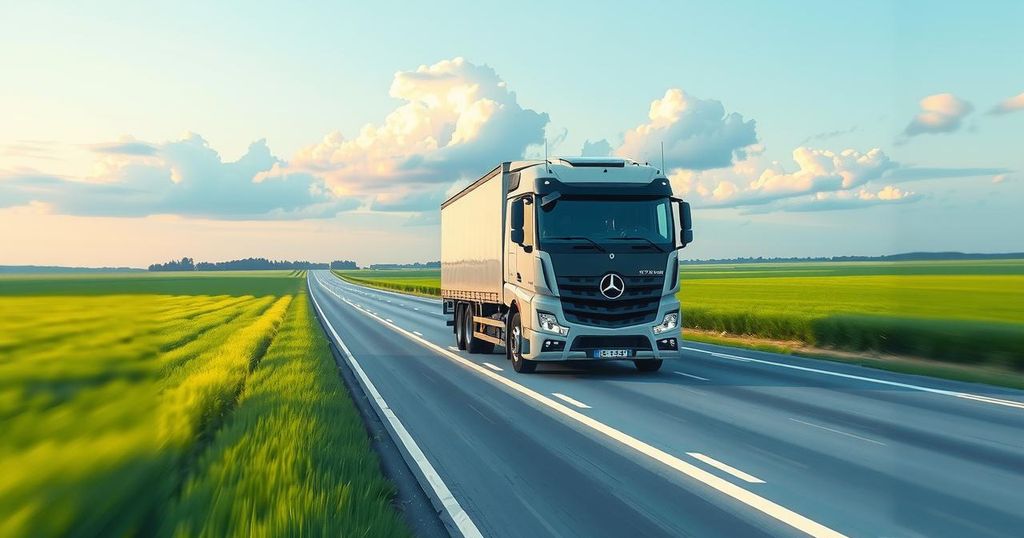 A modern truck on a road surrounded by lush green landscapes, representing transportation initiatives in the Middle East.