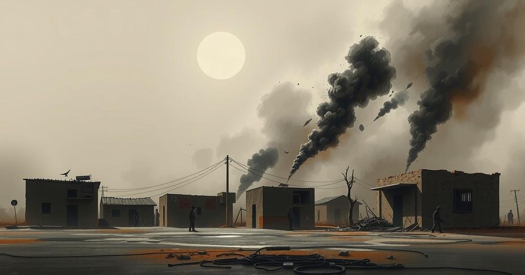 A somber landscape depicting devastation in South Sudan, with burnt structures and smoke against a muted color palette.