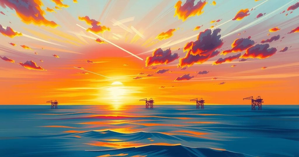 Abstract illustration of offshore oil rigs and ocean waves, symbolizing oil auction revenue and economic growth.