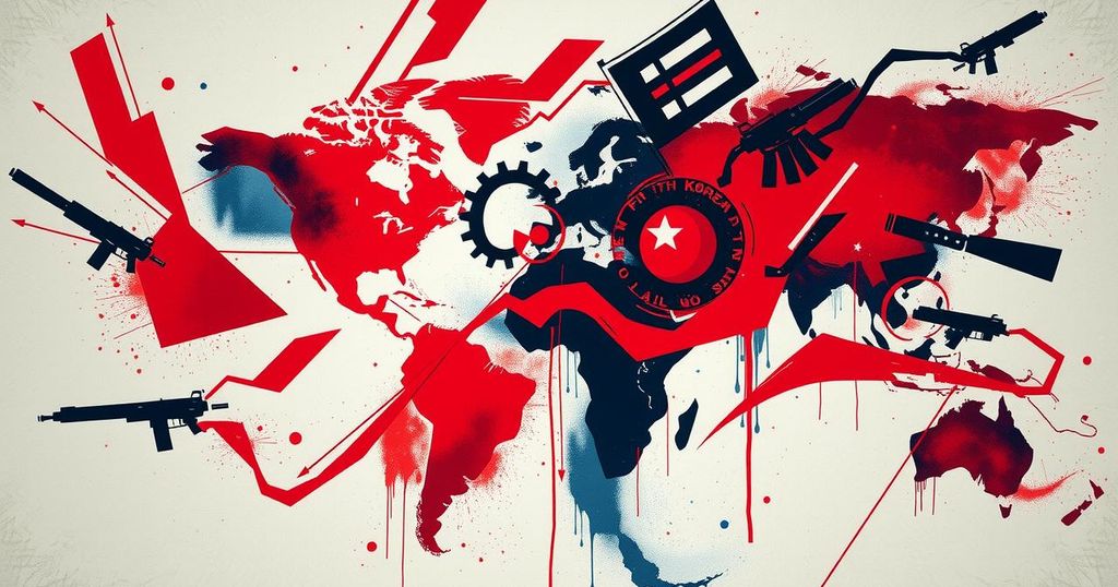 An abstract representation of global conflicts affecting North Korea's nuclear policies with bold colors and strong lines.