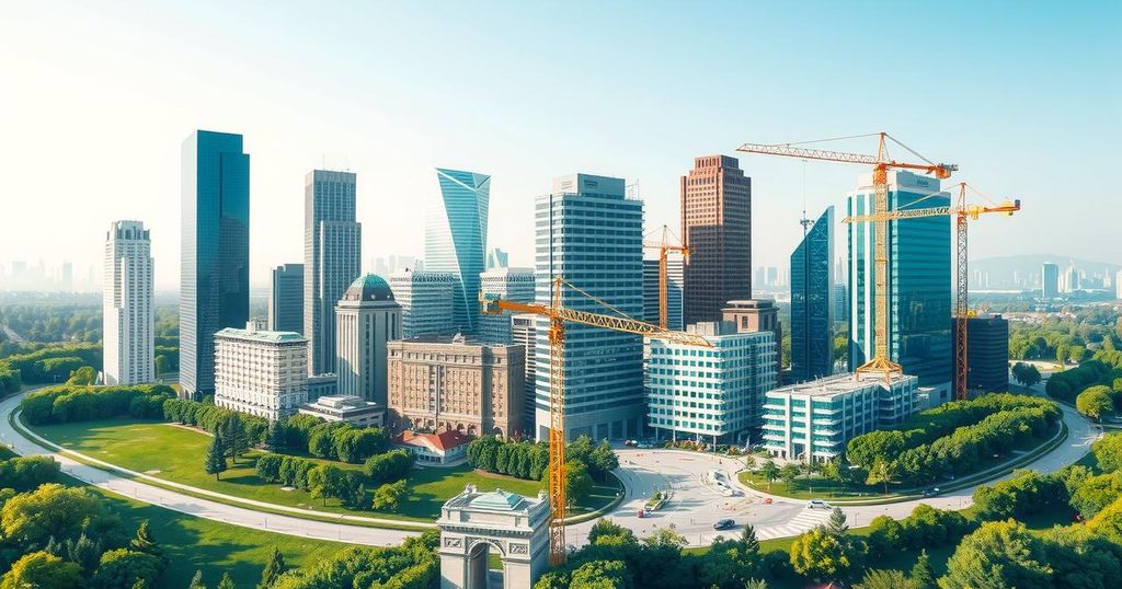 A vibrant city skyline with modern buildings, green parks, and infrastructure development representing Nigeria's economic growth.
