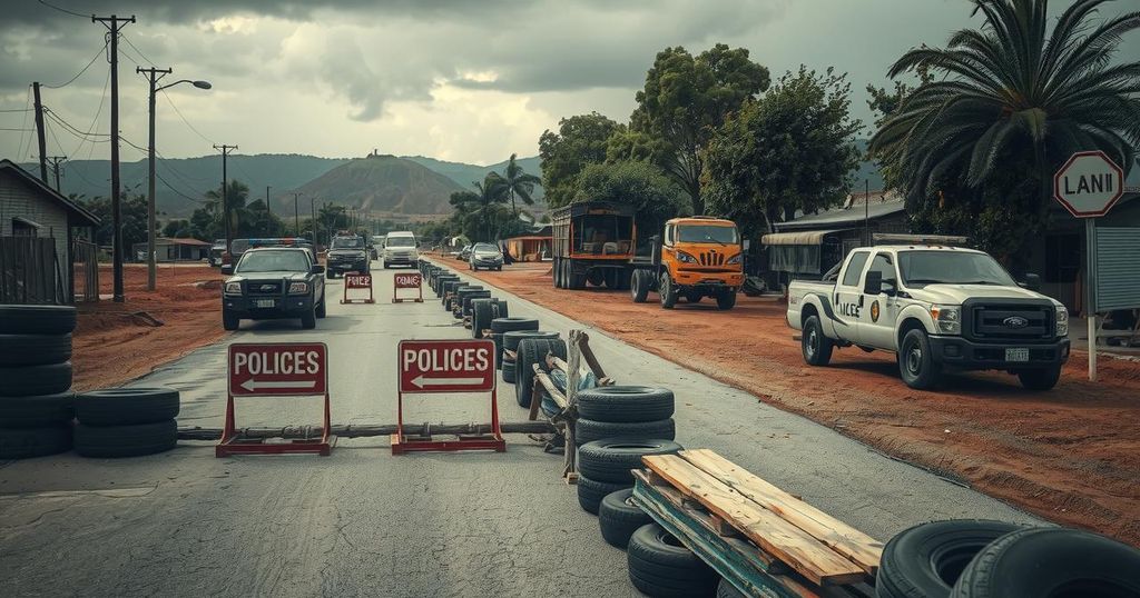 A tense scene depicting roadblocks and police presence in a South American setting with a muted color palette.