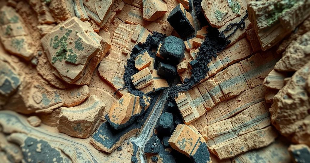 Banded quartz and black sulfides vein displaying high precious metal grades, set in a detailed geological environment.