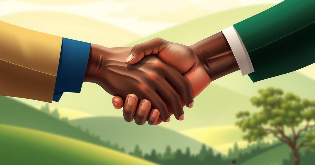 Symbolic handshake between Rwanda and Congo with peace symbols, warm colors, and a serene atmosphere.