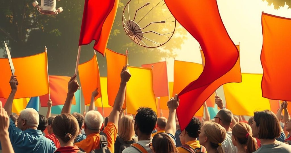 A peaceful protest rally scene with banners and symbols of unity among diverse groups in a vibrant, colorful setting.