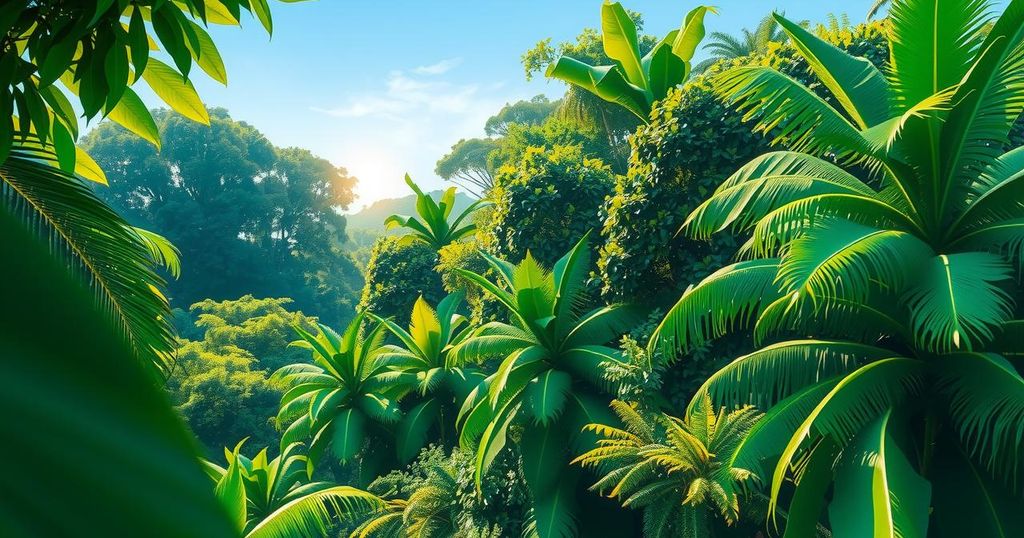 A tranquil Amazon rainforest landscape with vibrant greenery and a clear blue sky, showcasing nature's beauty.