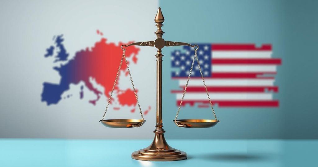 An abstract depiction of trade negotiations between entities, featuring scales and symbols of the EU and US with muted colors.