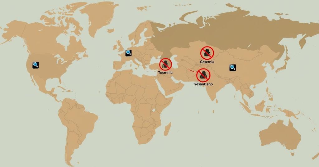 Map highlighting restricted regions with security symbols, using a muted color palette to depict travel bans.
