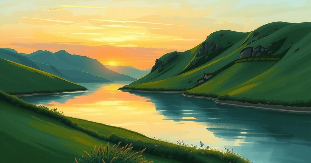 A tranquil landscape showcasing green hills, a serene lake, and a peaceful sunset sky in warm colors.