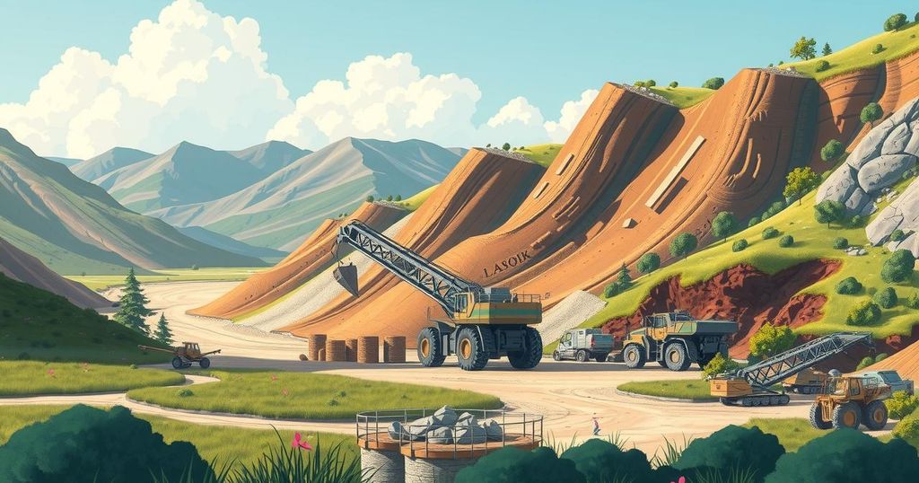 A mining site with machinery and equipment surrounded by a serene Chilean landscape.