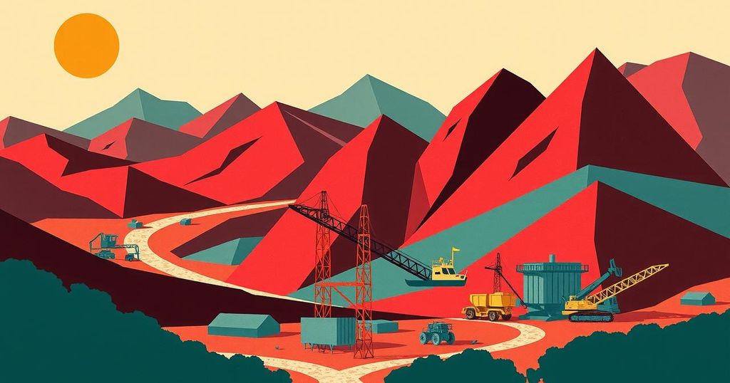 A stylized depiction of copper mines and political symbols in Chile, using earthy tones and modern art style.