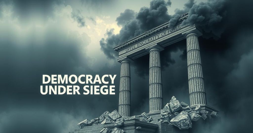 A symbolic representation of democracy under threat, featuring a crumbling pillar in muted colors, surrounded by dark clouds.