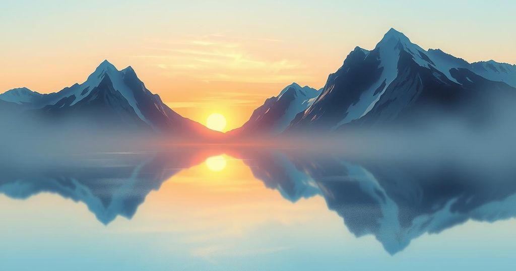 A peaceful landscape depicting a sunrise over two mountains symbolizing diplomacy and harmony between nations.