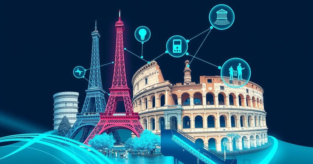 Iconic European landmarks with a digital border entry system interface showcasing travel authorization processes.