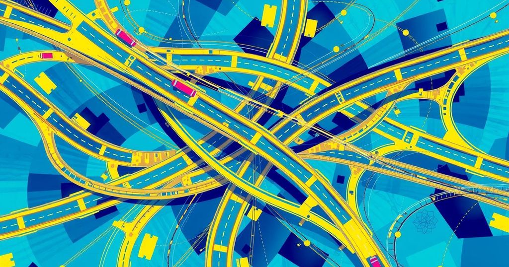 A vibrant, abstract representation of highways with vibrant colors, emphasizing infrastructure and maintenance themes.