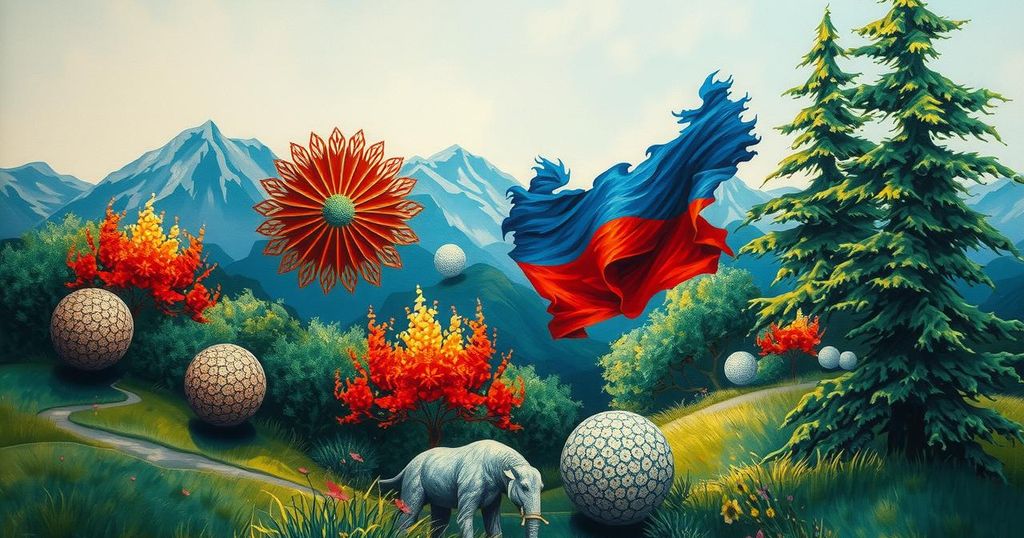 A patriotic landscape featuring North Korean and Russian elements, with a vibrant color palette representing unity.