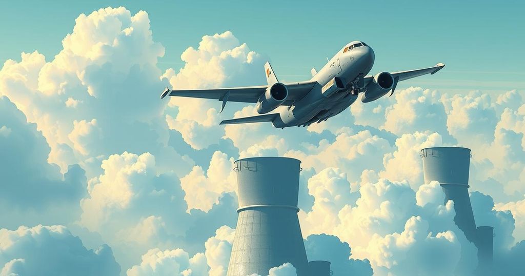A clean depiction of a military aircraft flying over abstract nuclear sites under a cloudy sky, emphasizing peace efforts.