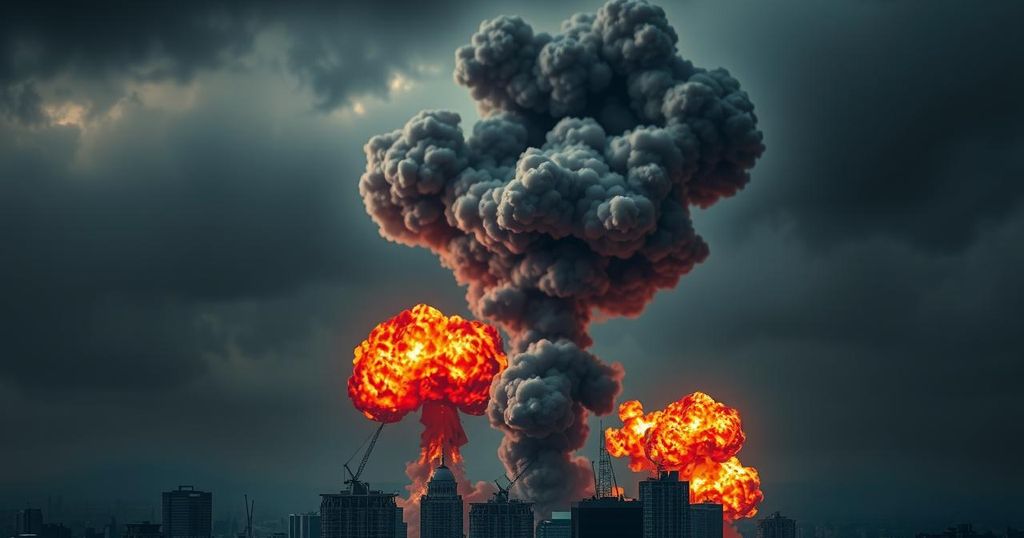 Explosions in Tehran with smoke clouds and a dark sky depicting conflict and tension in the region.