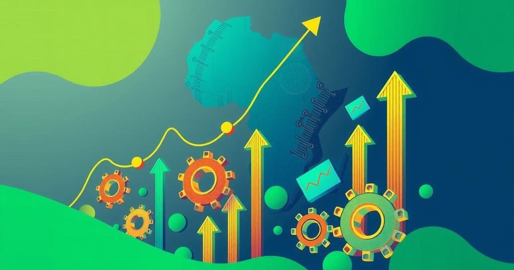 Colorful representation of economic growth and reforms in Africa with abstract symbols of trade and investment.