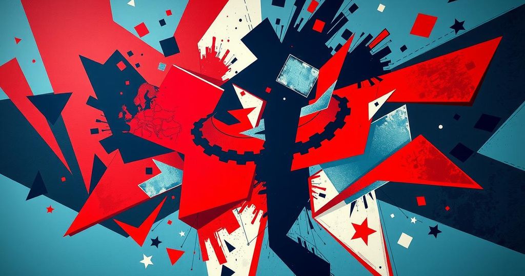 Vivid abstract representation of geopolitical tensions with bold colors and angular shapes symbolizing conflict.