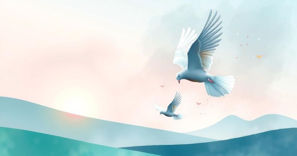 Two doves symbolizing peace flying over a tranquil landscape with soft pastels.