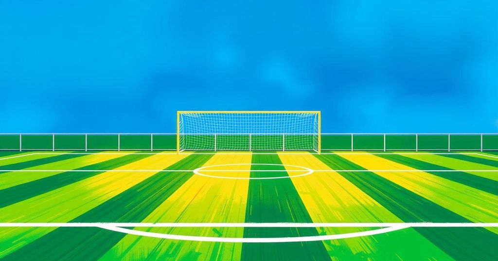 A vibrant soccer field with a bright green pitch, goalposts under a clear blue sky representing competition.