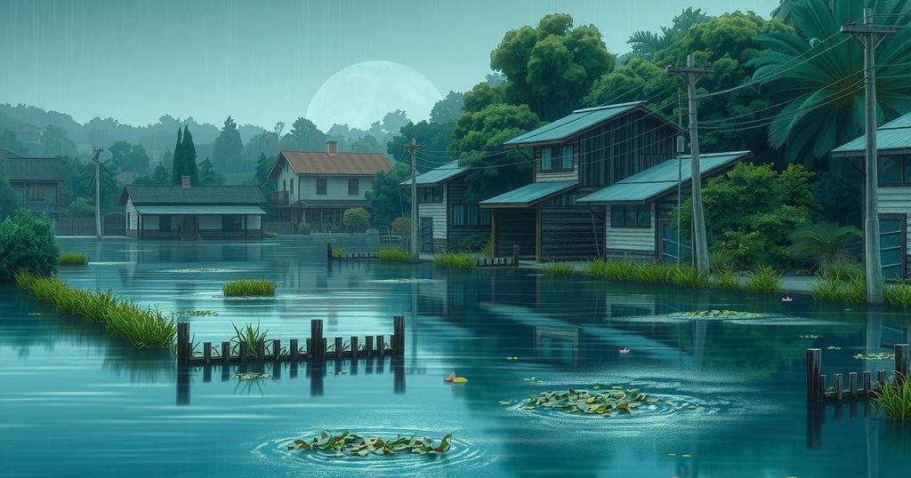 A serene landscape of a flooded area with submerged structures and lush greenery after rainfall, symbolizing nature's impact.
