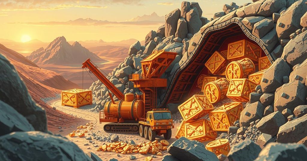 Illustration of a mining operation with copper-gold elements, in earthy tones, reflecting the mining industry.