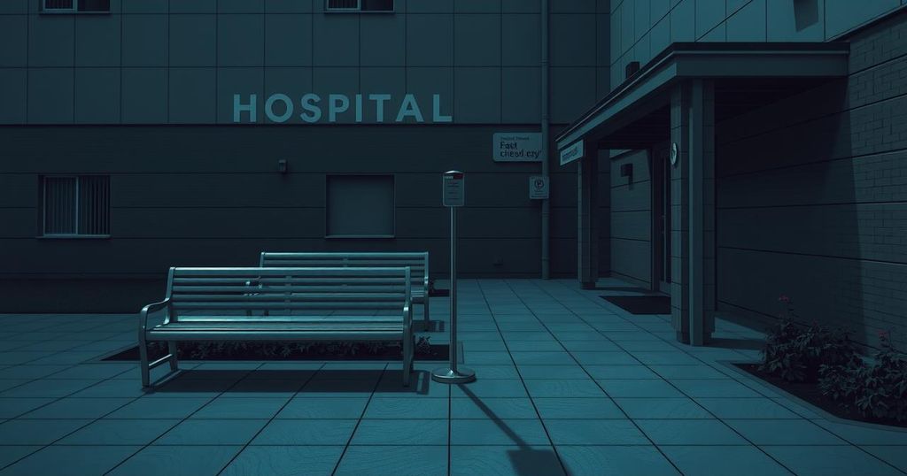 A somber and emotional scene outside a hospital, symbolizing families waiting for news after a disaster.