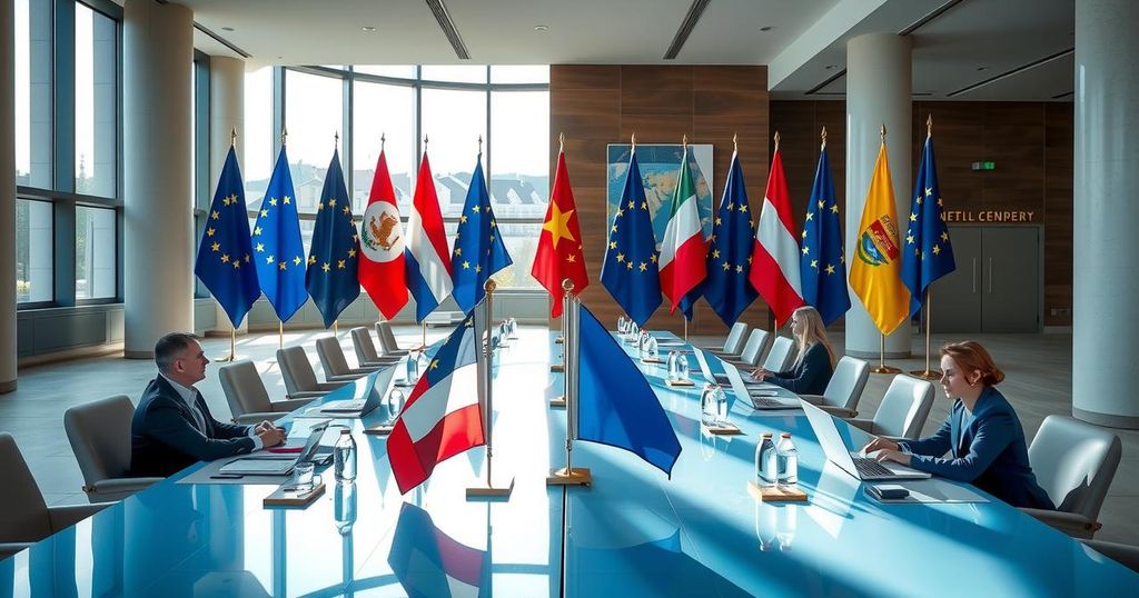 European leaders meeting in Geneva for discussions with Iran, surrounded by flags and official symbols of diplomacy.
