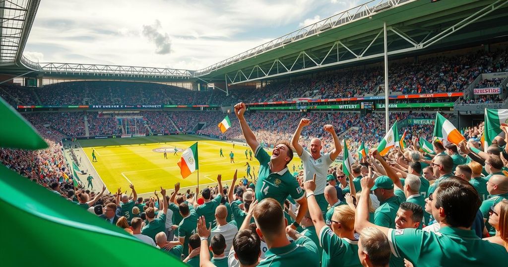 Croke Park stadium filled with cheering fans celebrating a rugby match victory.