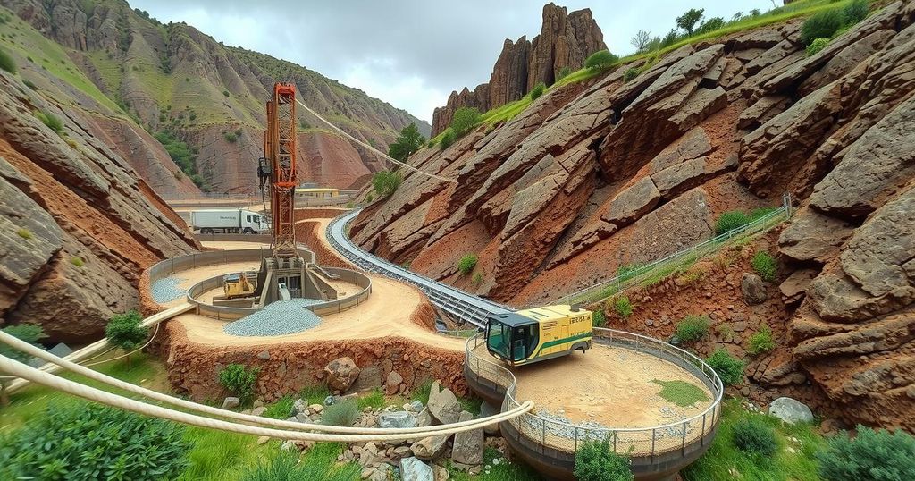A mining site in Peru with drilling equipment and copper-gold resources, showcasing exploration and development efforts.