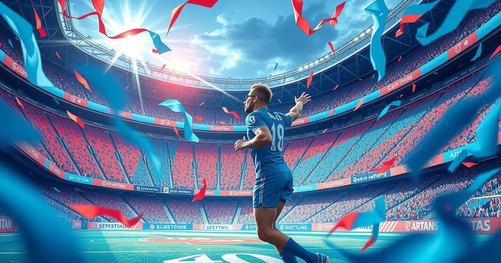 Stadium scene with a vibrant backdrop of blue and red colors representing a football match atmosphere.