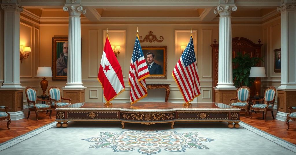 A calm meeting setting with flags representing Jordan and the United States, emphasizing diplomacy and stability.