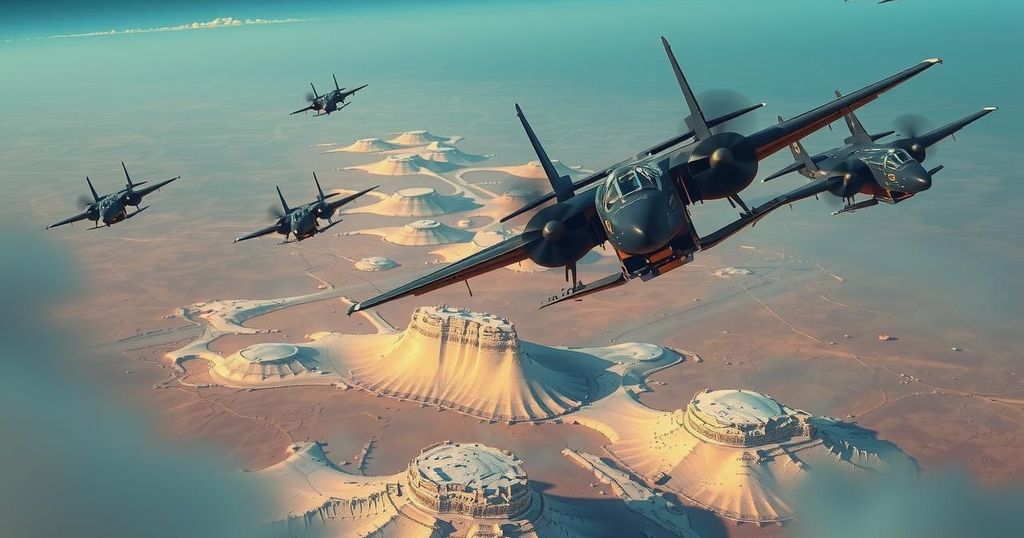 A dramatic scene with fighter jets flying over barren desert landscapes, showcasing military air operations.