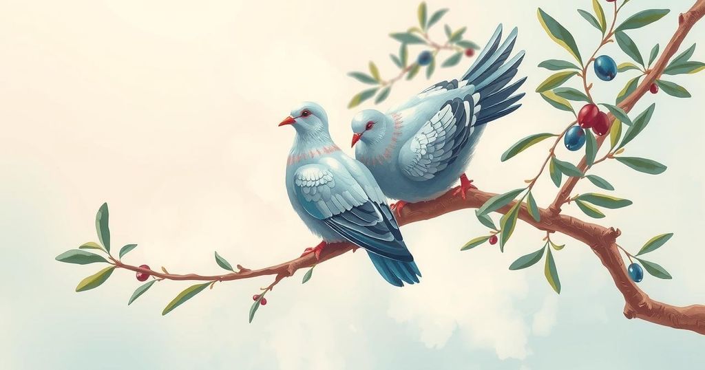 A symbolic representation of peace as two doves unite amidst a backdrop of olive branches, signifying a truce.