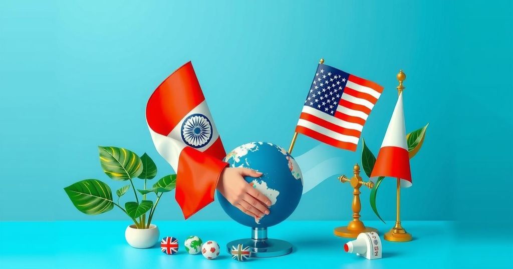 A vibrant scene depicting international trade negotiations, featuring flags and symbols of India and the US, representing unity.