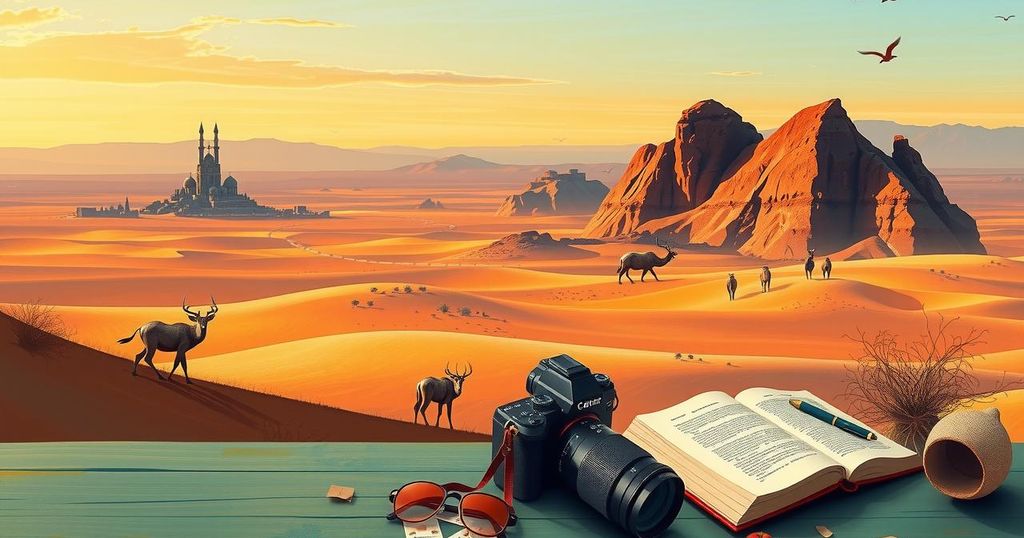 Illustration showing Namibia's landscape with symbols of tourism and education, representing optimism amidst uncertainty.