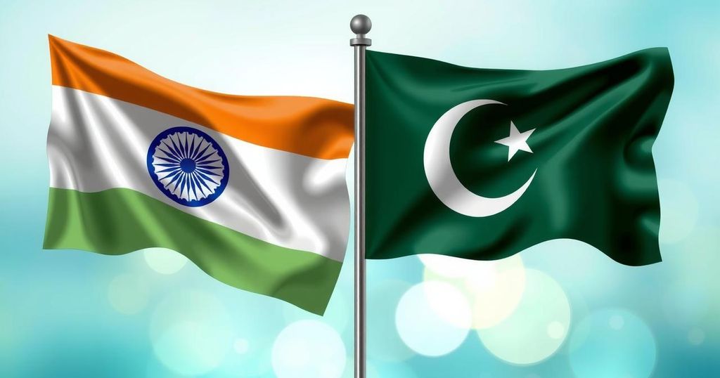 Peaceful diplomatic discussions with flags of India and Pakistan, symbolizing de-escalation and cooperation.