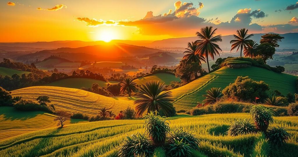 Tanzania's economic growth symbolized by a golden sunrise over vibrant landscapes and green fields.