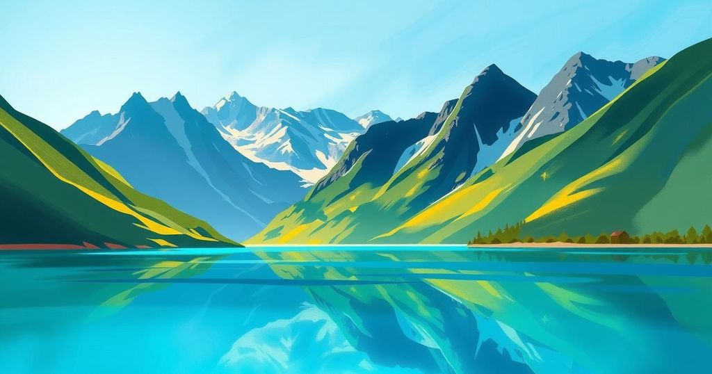 A serene landscape of Peru with mountains and a peaceful lake under a clear blue sky, representing natural beauty.