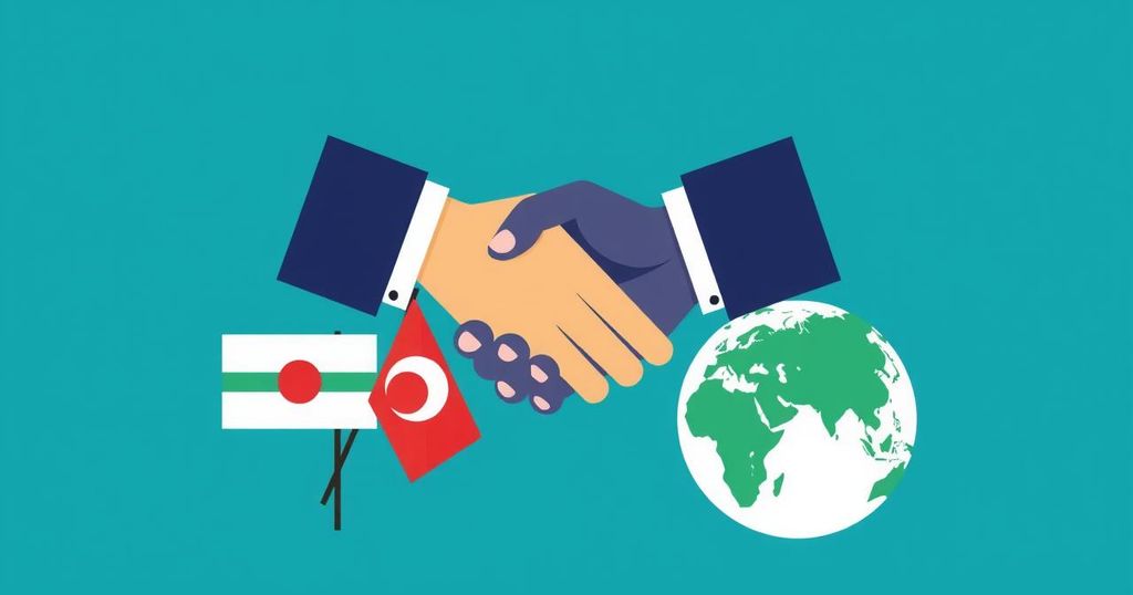 Symbolic representation of diplomatic negotiations with abstract elements like handshake, flags, and a globe.