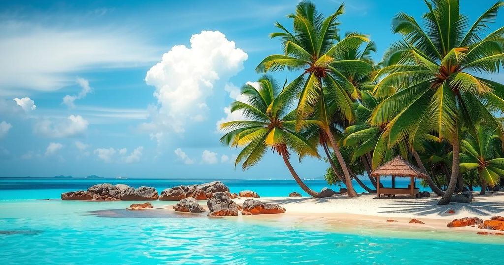 A tranquil beach scene in Tobago with palm trees and clear waters, reminiscent of unity and change.